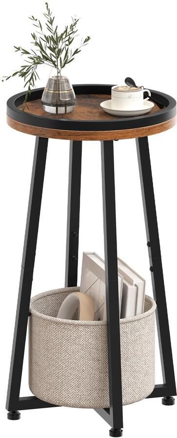 Goodivery Ronde bijzettafel met twee niveaus en stoffen mand voor kleine ruimtes