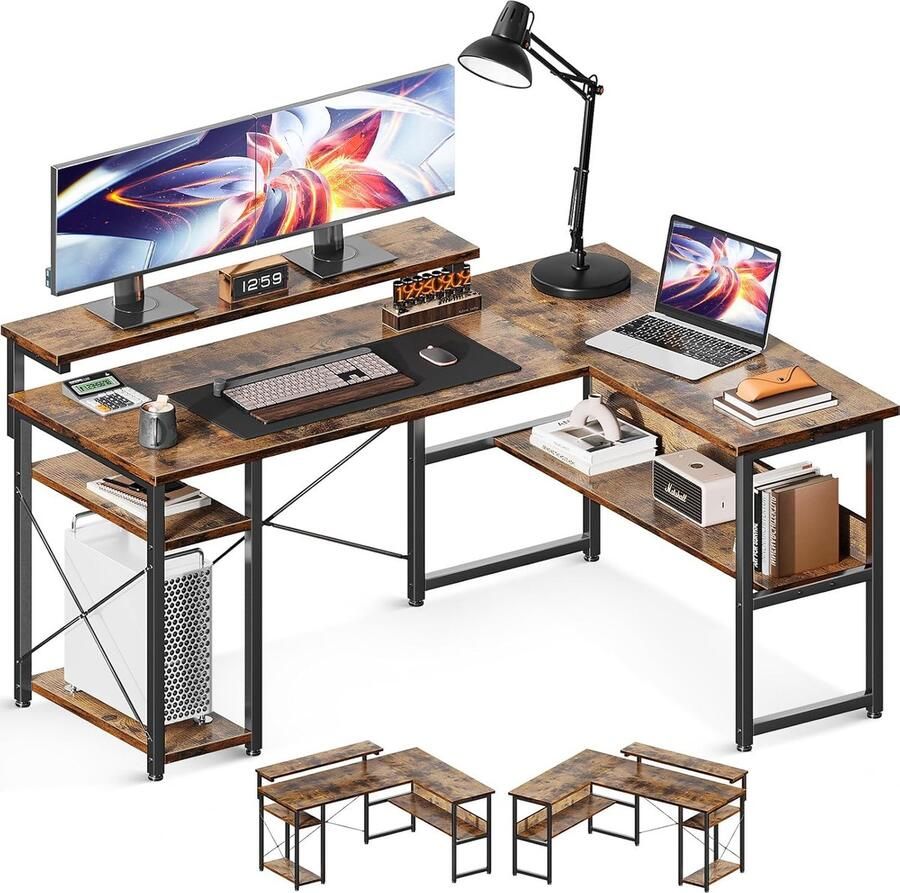 Goodivery Ruime L-vormige Hoekbureau met Monitorstandaard en Opbergruimte Vintage Bruin 137 x 102 cm