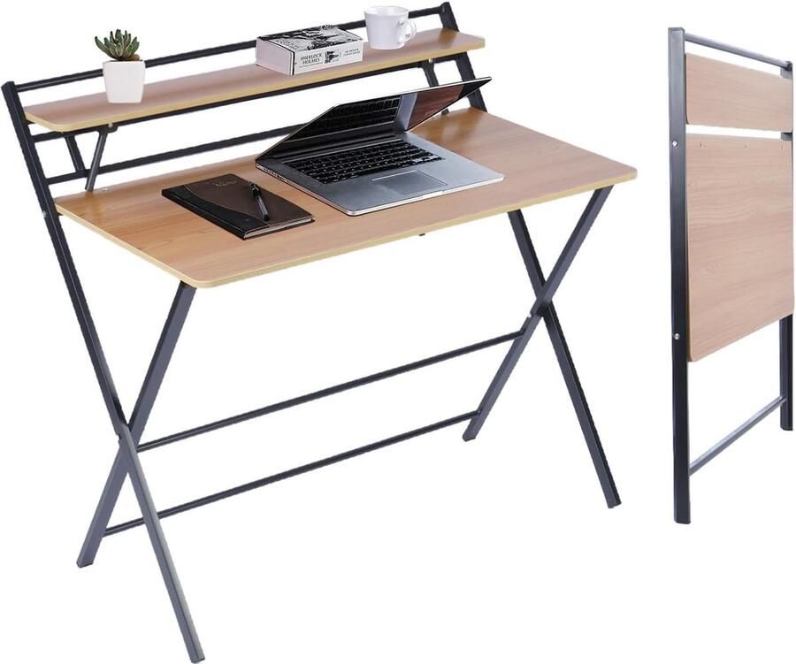 Goodivery Ruime Opvouwbare Computerbureau met 2-Lagen Plank Geen Montage Nodig Bruin 100x50 cm