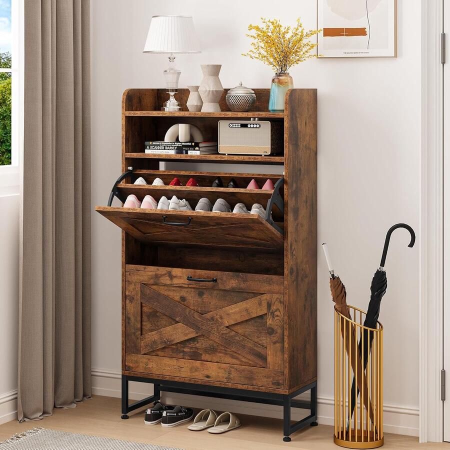 Goodivery Ruime Schoenkast met 2 Opvouwbare Laden en Open Planken voor Hal of Woonkamer