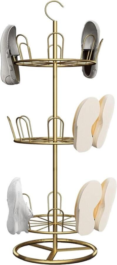 Goodivery Ruimtebesparende 360° Draaibare Schoenopslag Carousel voor 12 Paar met 3 Lagen en Haken