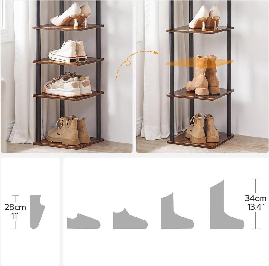 Goodivery Schoenenrek 8-laags hoekschoenenrek slank schoenenrek schoenenkast schoenenstandaard hal slaapkamer donkerbruin zwart