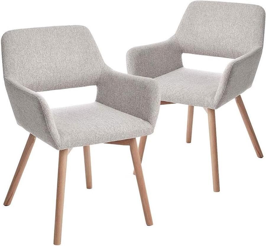 Goodivery Set van 2 Comfortabele Eetkamerstoelen met Armleuningen en Houten Poten voor Woon- en Eetkamer Grijs