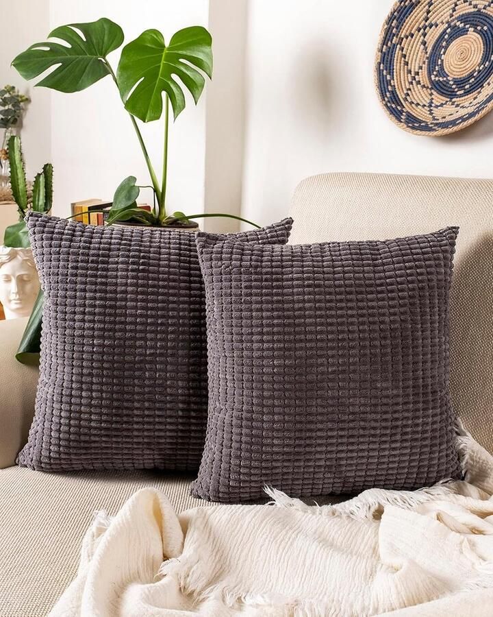 Goodivery Set van 2 corduroy fluwelen kussenslopen 50 x 50 cm Oeko-Tex Standard 100 zachte decoratieve kussenslopen met verborgen ritssluiting voor bank en bed (antraciet groot patroon)