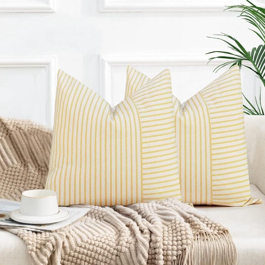 Goodivery Set van 2 kussenhoezen 60 x 60 cm katoen-linnen kussenhoes bankkussen strepen sierkussen boho decoratieve kussenhoezen decoratieve kussenhoezen voor bank woonkamer slaapkamer buitenkussen geel