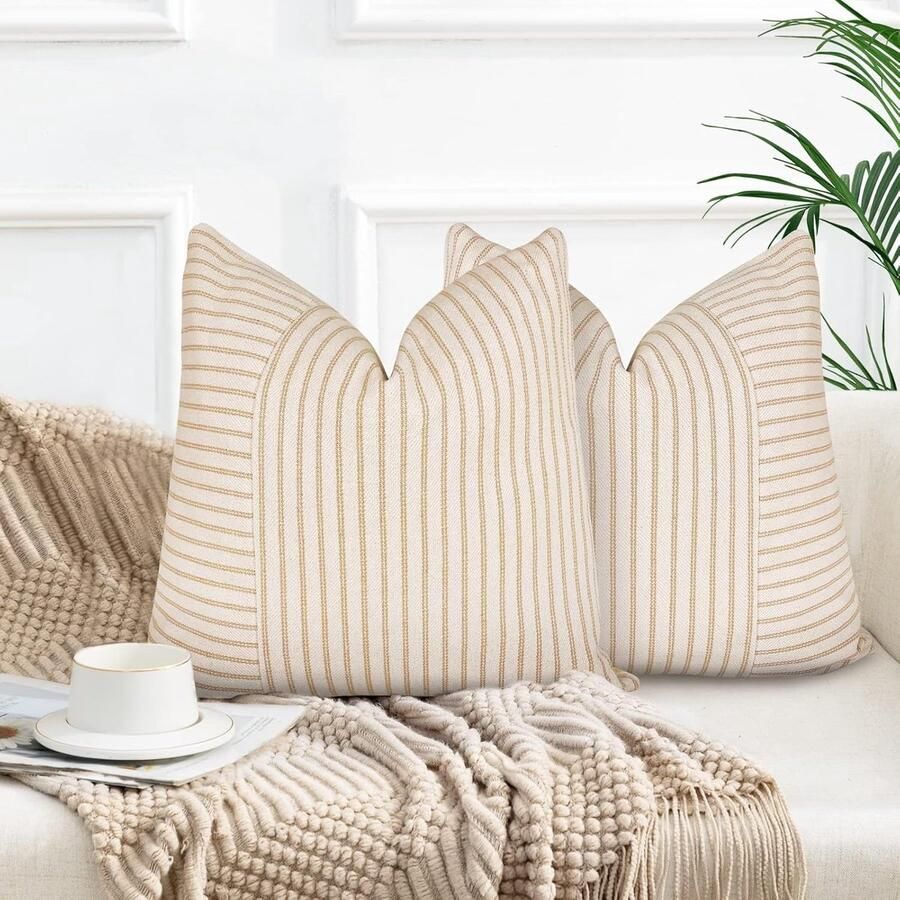 Goodivery Set van 2 kussenhoezen 60 x 60 cm katoen-linnen kussenhoes bankkussen strepen sierkussen boho decoratieve kussenhoezen decoratieve kussenhoezen voor bank woonkamer slaapkamer buitenkussen kaki