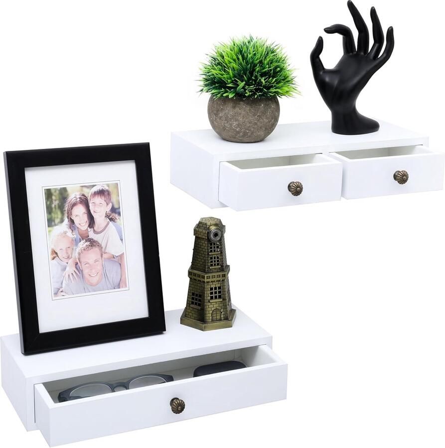 Goodivery Set van 2 Zwevende Wandrekken met Lades Witte Hangplanken voor Slaapkamer of Kleedkamer