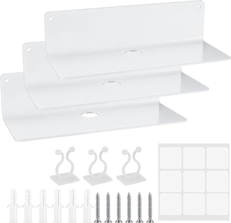 Goodivery Set van 3 wandplanken zwevende acrylplanken muur zonder boren zwevende planken wandoppervlak acrylplanken voor badkamer woonkamer slaapkamer keuken kantoor met kabelclips wit
