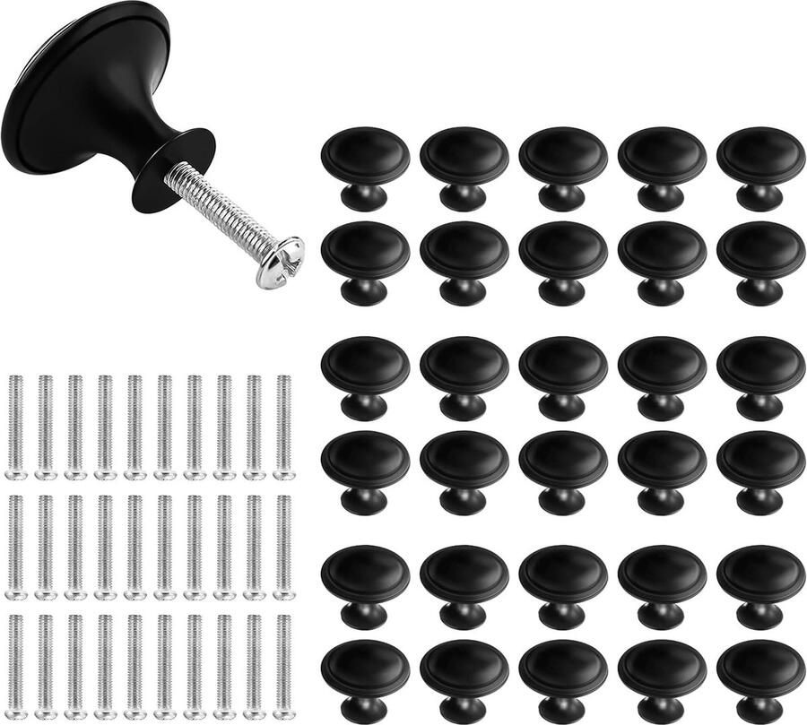 Goodivery Set van 30 Mat Zwarte Meubelhendels voor Kasten Lades en Deuren Ronde Vorm