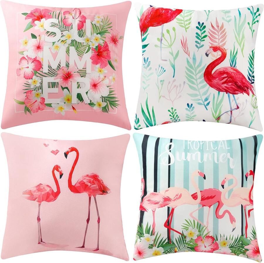 Goodivery Set van 4 flamingokussenhoezen 45 x 45 cm decoratieve roze vogel sierkussensloop tropische bladeren kussensloop voor slaapbank zomer vakantie huisdecoratie