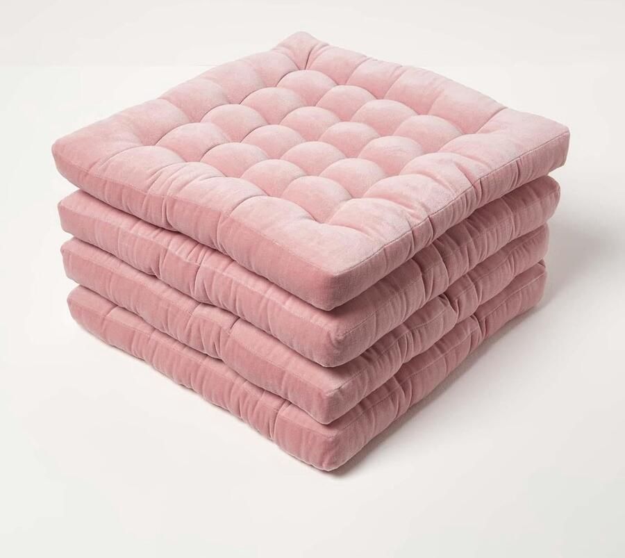 Goodivery Set van 4 fluwelen stoelkussens 40x40 cm roze zitkussens met linten comfortabele zitkussens voor stoelen gemaakt van katoenfluweel