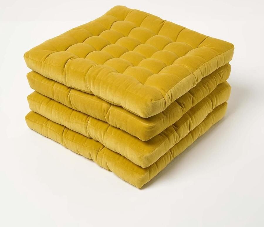 Goodivery Set van 4 fluwelen stoelkussens 40x40 mosterdgeel zitkussens met strikbanden comfortabele zitkussens voor stoelen gemaakt van katoenfluweel