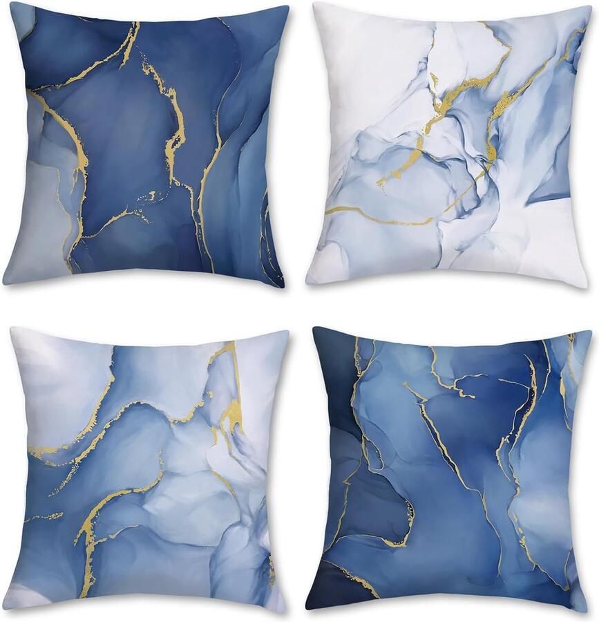 Goodivery Set van 4 kussenslopen marmerblauw 45 x 45 cm abstract blauw goud modern fluweel zachte decoratieve kussenhoezen blauw sierkussenslopen voor bank slaapkamer woonkamer woondecoratie