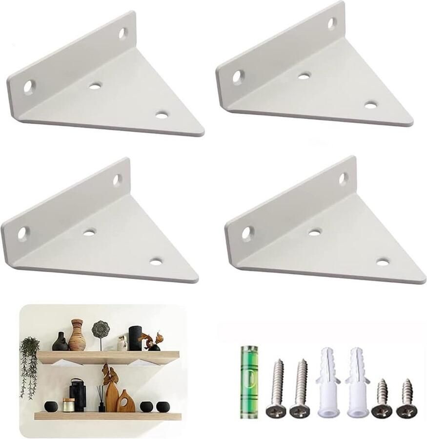 Goodivery Set van 4 onzichtbare wandsteunen voor drijvende planken metalen driehoekige plankdragers wit