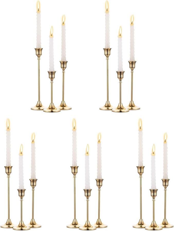 Goodivery Set van 5 (15 stuks messing gouden metalen taper kandelaars vintage kaarsenstandaard voor tafel schoorsteenmantel bruiloft housewarming cadeau kaarsenhouder staafkaars voor kerstdecoratie