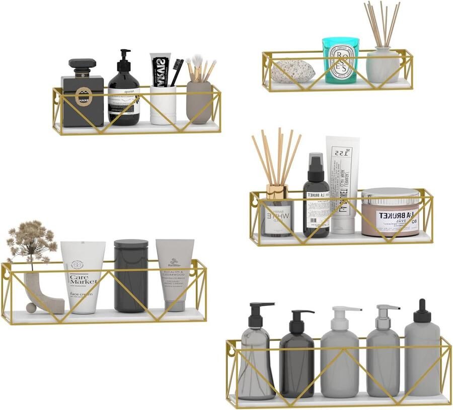 Set van 5 wandplanken zwevend rek met gouden metalen staven en witte houten plank moderne wandplank voor keuken badkamer slaapkamer woonkamer en kantoor (W-vormig)