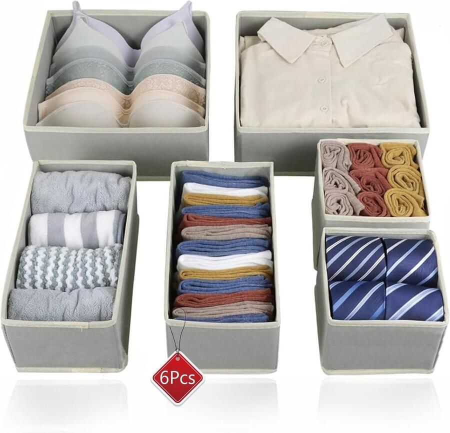 Goodivery Set van 6 Opvouwbare Lade Organisers voor Kleding Ondergoed en Accessoires in Stijlvolle Grijze Kleur