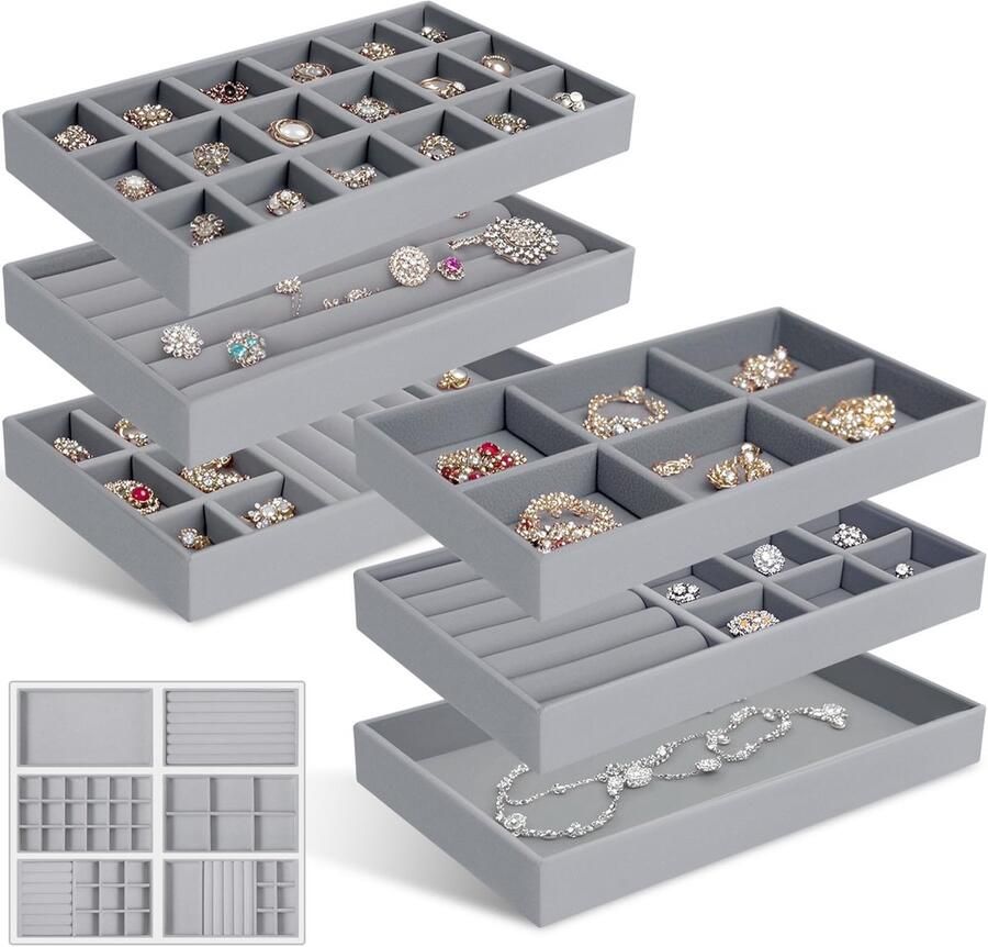 Goodivery Set van 6 stapelbare fluwelen sieradenorganizers voor lades en opbergruimte