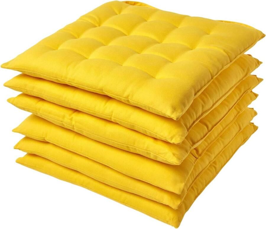 Goodivery Set van 6 stoelkussens 40 x 40 cm geel zitkussens met linten en knoopsluiting eenkleurige kussens voor stoelen met overtrek van 100% katoen en zachte polyestervulling