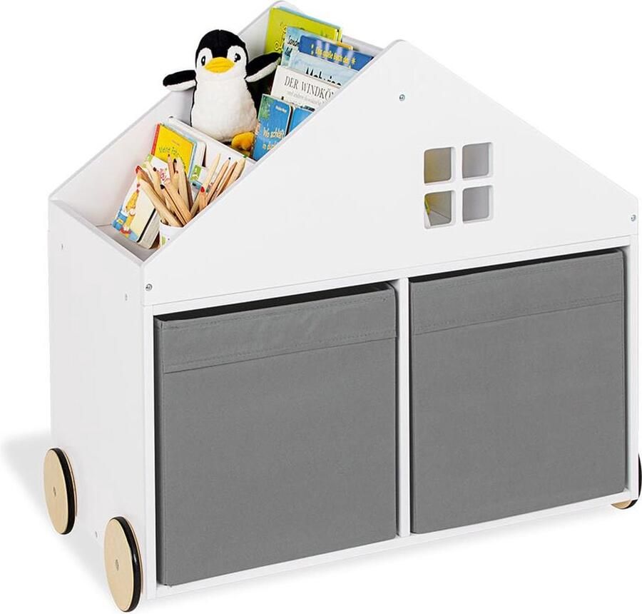 Goodivery Speelse Kinderboekenkast met Wielen en Ruime Opbergruimte in Huisvorm