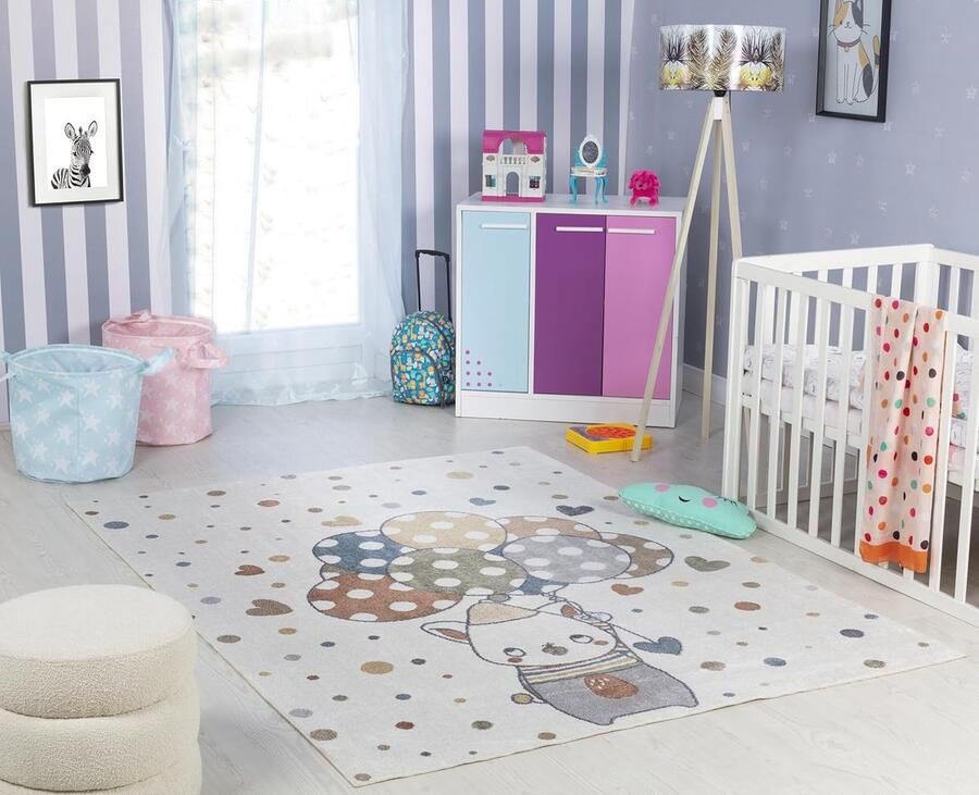 Goodivery Speelse Kindervloerkleed met Dierenprint voor Kinderkamer of Babykamer Crème en Kleurrijk Design