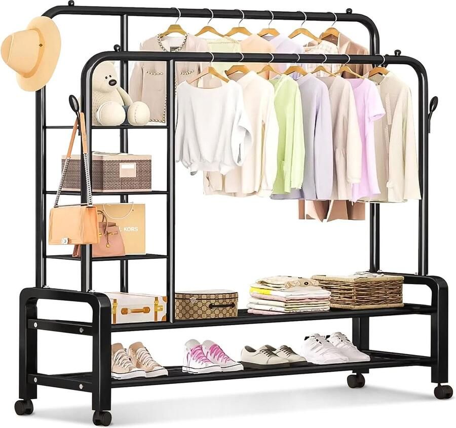 Goodivery Stevige Kledingrek op Wielen met Dubbele Hangstangen en Opslagplanken voor Slaapkamer of Hal