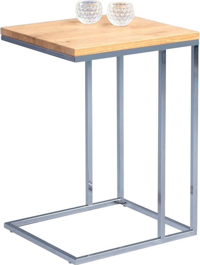 Goodivery Stijlvolle Bijzettafel met Massief Eiken Blad en Verchroomd Metaal Frame