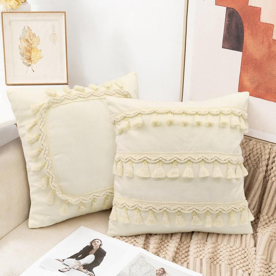 Goodivery Stijlvolle Boho Kussenhoezen Set van 2 met Kwastjes voor Bank en Bed Beige 45 x 45 cm