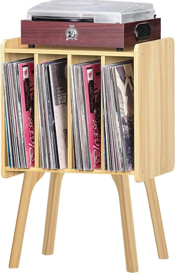 Goodivery Stijlvolle Houten Draaiplateau Standaard met 4 Opslagvakken voor Vinyl Platen
