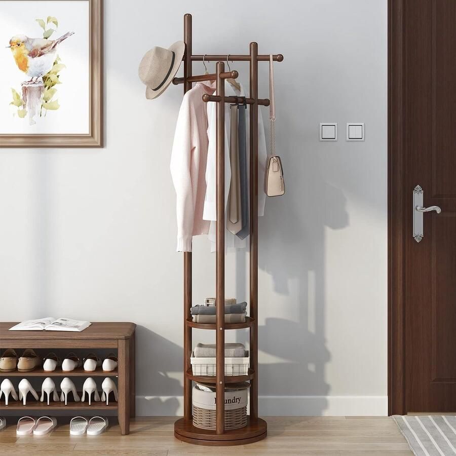 Goodivery Stijlvolle Houten Kapstok met Draaibare Ontwerp en Drie Schappen voor Hal Slaapkamer Kantoor