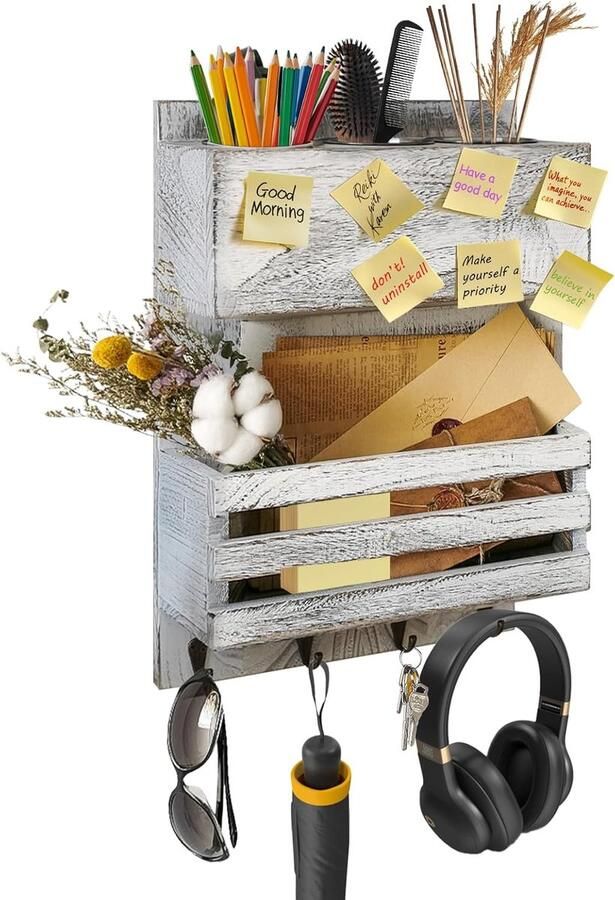 Goodivery Stijlvolle Houten Sleutelhouder met Plank en Vier Haken voor Ruimtes