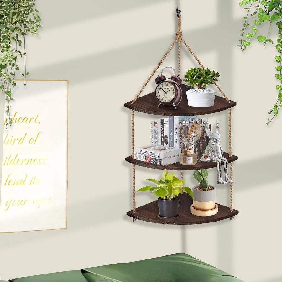 Goodivery Stijlvolle Houten Wandplank met Handgeweven Katoenen Touw voor Elke Ruimte