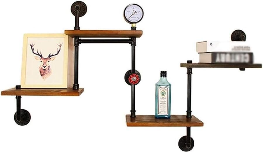 Goodivery Stijlvolle Houten Wandplanken met IJzeren Buizen voor Thuisdecoratie