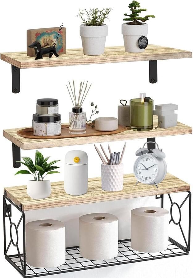 Goodivery Stijlvolle Houten Wandplanken met Multifunctioneel Draadmandje voor Ruimtes