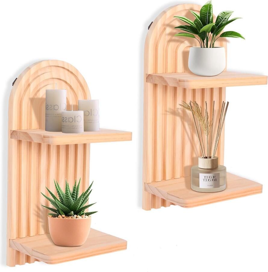 Goodivery Stijlvolle Houten Wandrekken Set voor Boho Interieur en Functionele Opslag