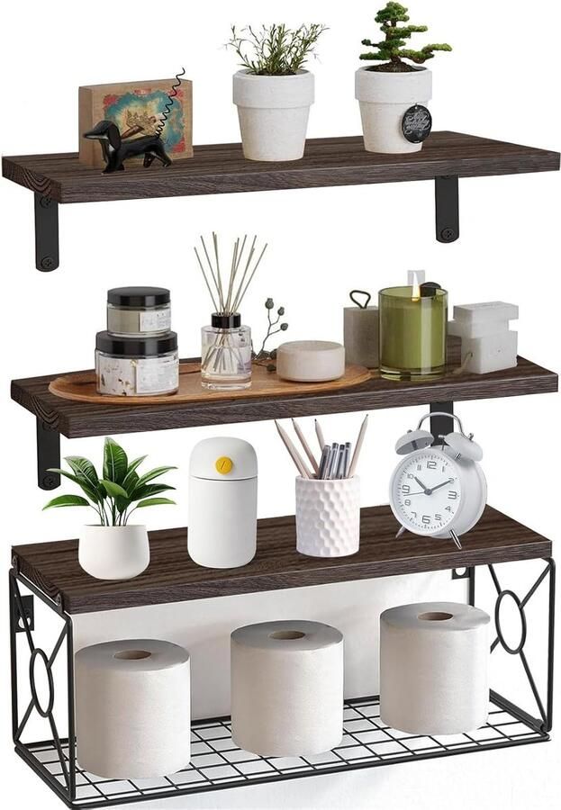 Goodivery Stijlvolle Houten Zwevende Wandplanken Set met Multifunctionele Draadmand voor Ruimtes