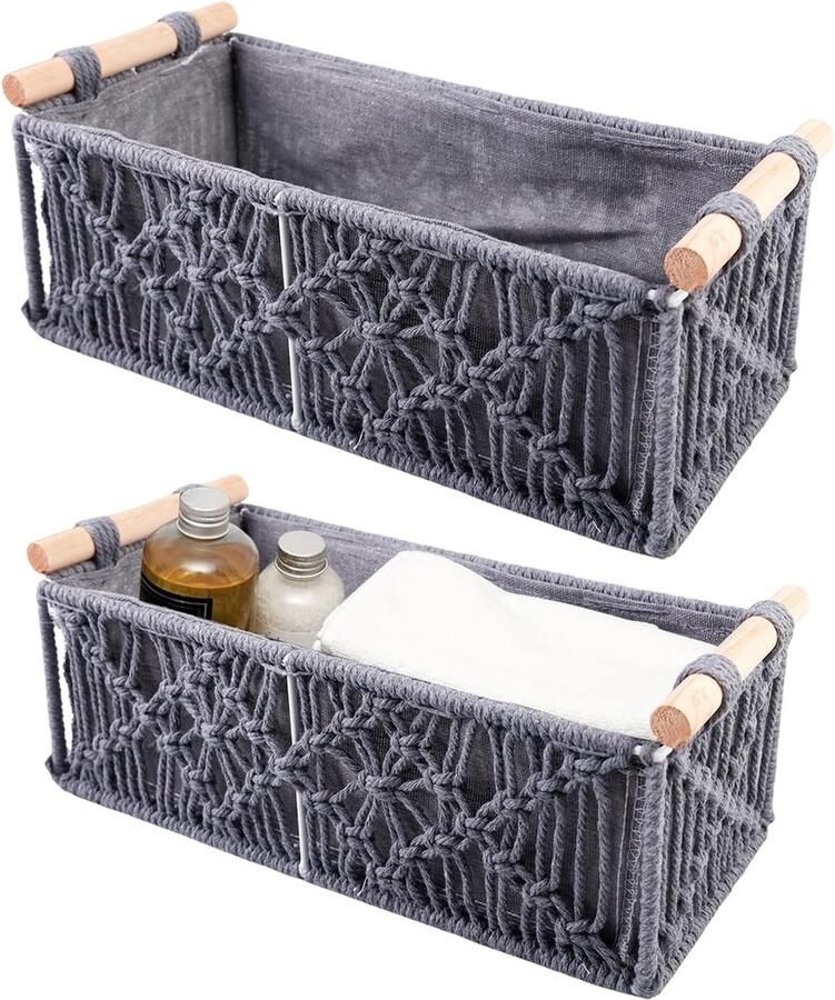 Goodivery Stijlvolle Macramé Opbergmanden Set met Houten Handvatten voor Ruimtes
