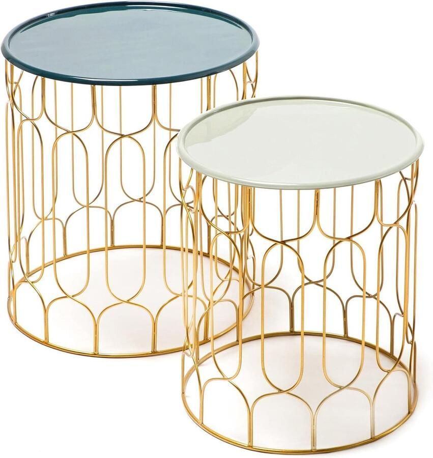 Goodivery Stijlvolle Ronde Bijzettafels Set van 2 met Metaalmand voor Binnen en Buiten in Mintgroen en Petrol