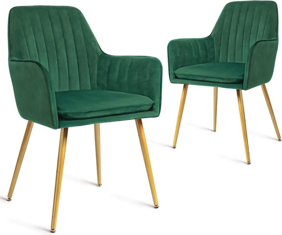 Goodivery Stijlvolle Set van 2 Eetkamerstoelen met Fluwelen Bekleding en Gouden Poten Groen