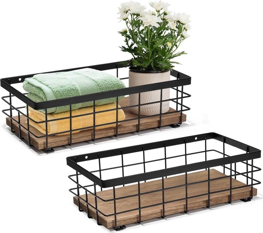 Goodivery Stijlvolle Set van 2 Kleine Metalen Mandjes met Houten Basis voor Opslag