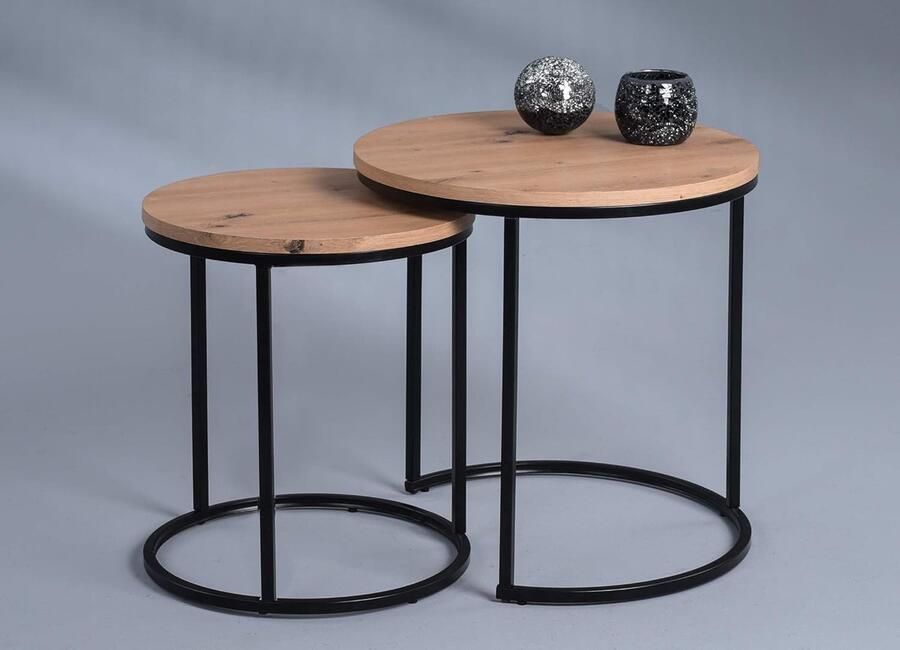 Goodivery Stijlvolle Set van 2 Salontafels met Houtlook en Zwart Metalen Frame