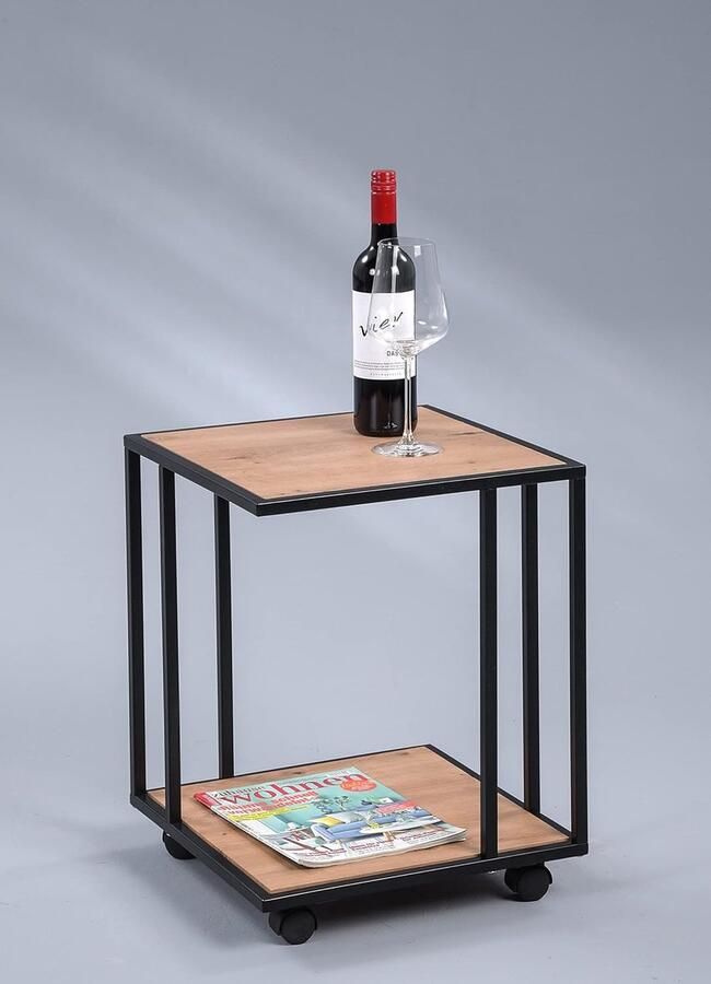 Goodivery Stijlvolle Vierkante Bijzettafel met Houten Blad en Zwart Metalen Frame voor Woonkamer