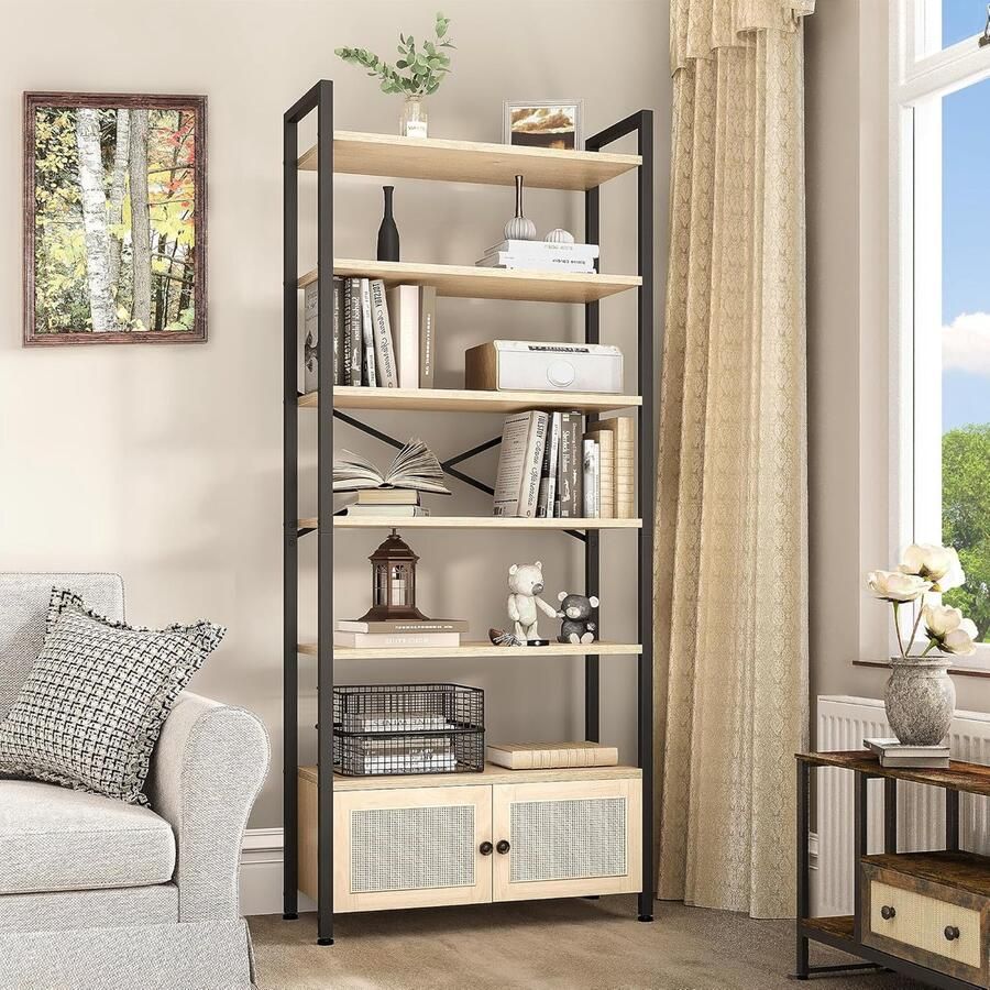 Goodivery Stijlvolle Vrijstaande Boekenkast met Kast en 5 Compartimenten voor Woonkamer en Kantoor