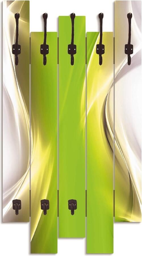 Goodivery Stijlvolle Wandgemonteerde Kapstok Hout met 8 Haken en Abstract Groen Motief