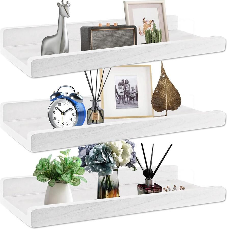 Goodivery Stijlvolle Witte Houten Zwevende Wandplanken Set van Drie voor Elke Kamer
