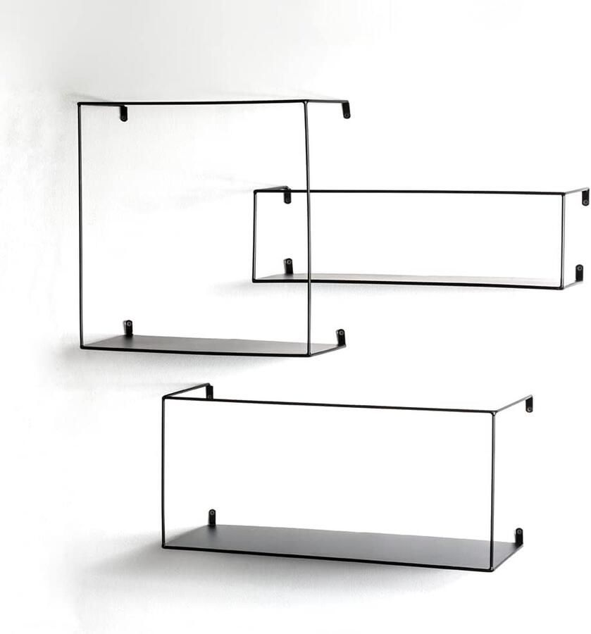 Goodivery Stijlvolle Zwarte Metalen Wandplanken Set van 3 voor Moderne Interieurs