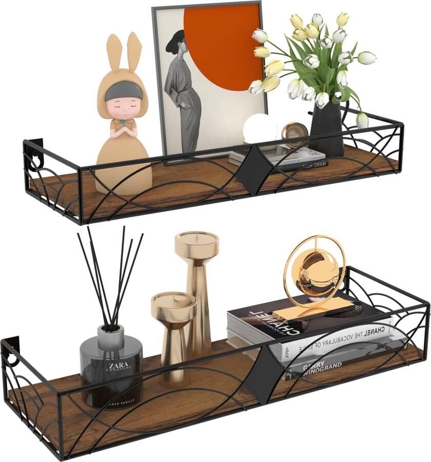 Goodivery Stijlvolle Zwevende Wandrekken Set met Houten Planken en Metalen Houder voor Elk Interieur