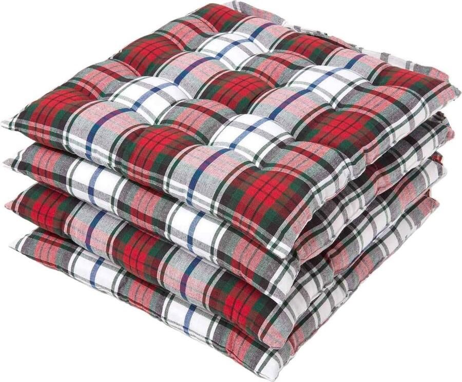 Stoelkussen Macduff 40 x 40 cm rood-wit-groen Schottenpatroon zitkussen voor stoelen met banden en knoopsluiting overtrek van 100% katoen polyester vulling tartan patroon