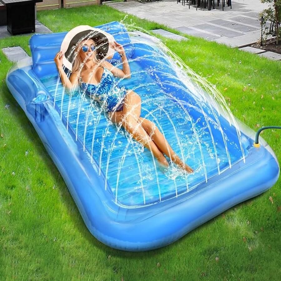 Goodivery Tanning Bed Lucht Matras Zwembad Water Opblaasbaar Zwem Matras Zonnebank Zwembad Lucht Matras met Ingebouwde Sproeier Groot Zwem Eiland voor Zwembad Zomer Strand Blauw