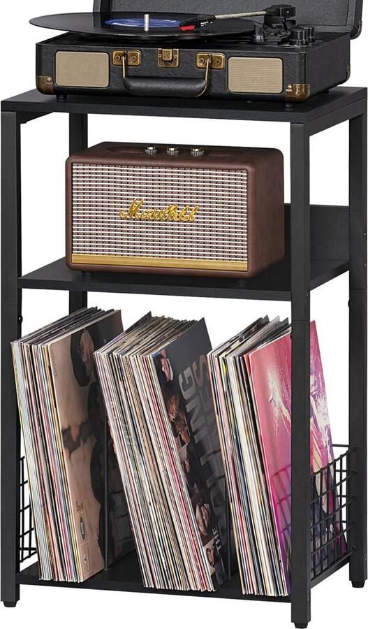 Goodivery Tijdloze 3-Laagse Bijzettafel met Opbergruimte voor 100 Albums Industrieel Ontwerp Zwart